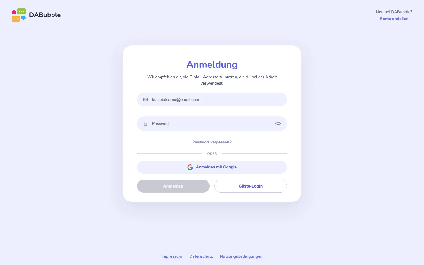 Anmeldeseite von DABubble